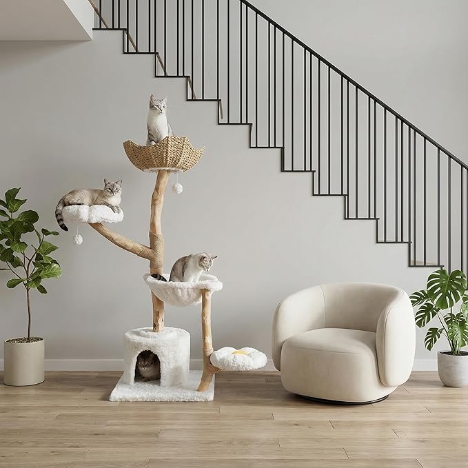MUTTROS 59" Modern Cat Tree Tower for Large Cats w/2 Flower Perches-Natural Solid Wood Scratching Post with Real Branch-Luxury Boho Cat Furniture w/Condo & Wicker Basket Bed, Cloud White