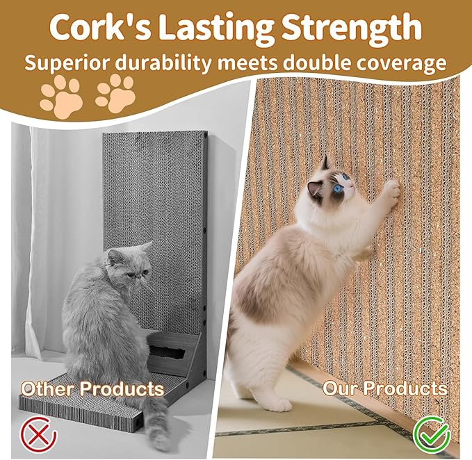 Natural Cork Cat Scratcher Boards for Wall & Floor - Natural Cork & Cardboard Blend, No Mess Splinters, Durable Easy Clean - Adjustable Height for All Cats, Furniture Protectoră3-Packă