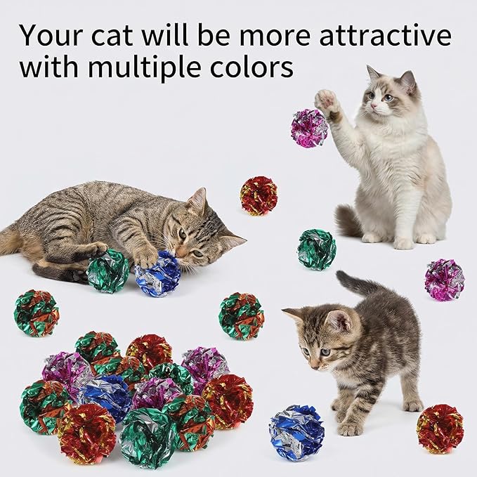30 PCS Cat Crinkle Balls, Crinkle Cats Toy, 2.36" Interactive Crinkle-Ball, Colorful Cats Toy, Colorful Chew and Training Activity Cat Toys for Indoor