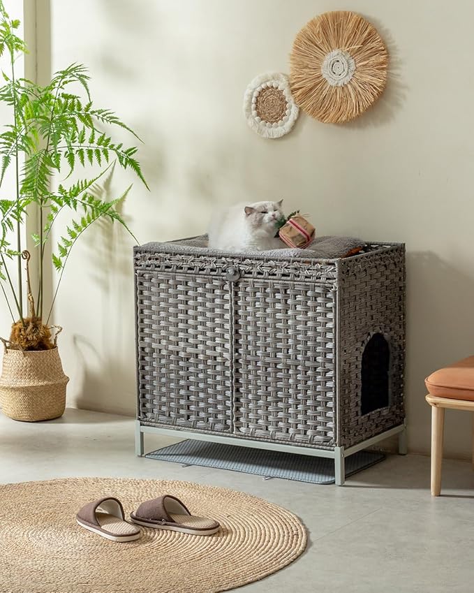 SETVSON Cat Litter Box Enclosure Furniture, Hidden Handwoven Rattan Litter Box with Mat, Large Cat House with Metal Heightened Feet, 30.3 x 18.3 x 28 Inches, Indoor for Living Room, Bedroom Gray