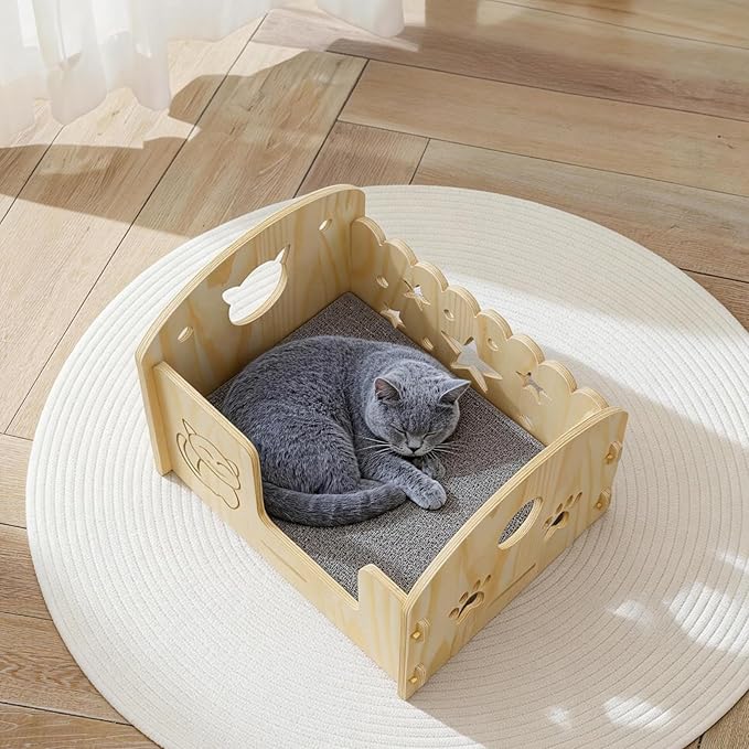 Solid Wooden Semi-Enclosed Cat Bed with Cartoon Carving Craft, Space-Saving for Small Apartments, Studios & Rental Homes, Modern Nordic Cat Furniture for Indoor Cats & Kittens