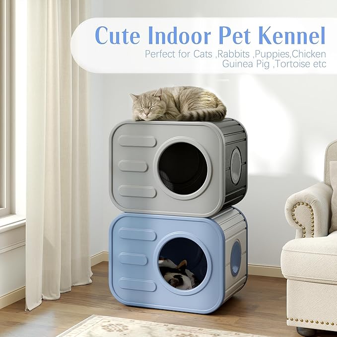 Insulated Outdoor Cat House,Plastic Feral Cat Houses for Outdoor Indoor Cats with Camera Appearance & Large Door,Stackable Cat Houses & Condos,Spacious Cat Bed Cave,Easy to Clean,Blue