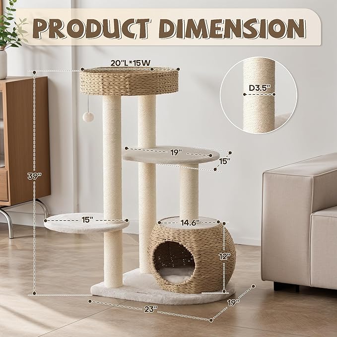 NUNU Modern Cat Tree, Modern Cat Trees Tower, Wooden Cat Tree for Large Cats, 39" Cat Tower for Indoor Cats, Hand-Woven Condo & Top Perch, for Kittens Climb, Play & Rest