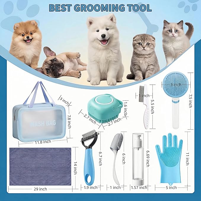 9PCS Dog Bath Kit & Dog Brush Kit for Dogs & Cats - Professional Pet Grooming Tools Set with Shedding Brush, Bath Scrubber, Dematting Comb & Storage Bag - Complete Dog Washing Essentials, Blue