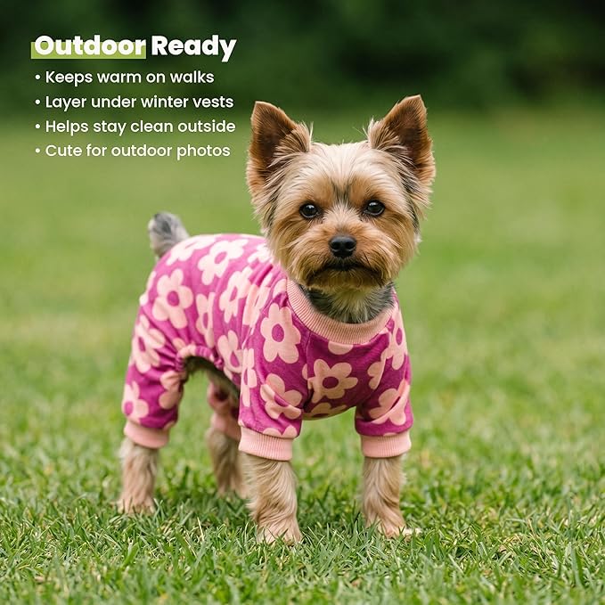 Fitwarm Flower Fleece Dog Pajamas, Warm Winter Dog Clothes for Small Dogs Girl, Cozy Pet Onesie with Feet, Pink, XS