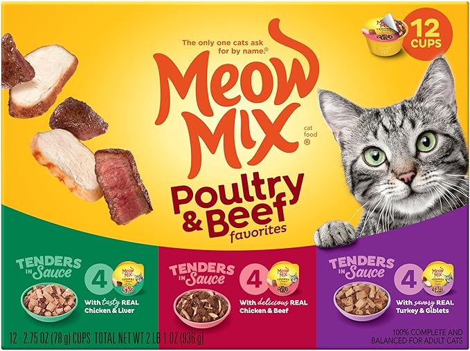 Meow Mix Tenders in Sauce Wet Cat Food, Poultry & Beef Variety Pack, 2.75 Ounce Cup (Pack of 48)