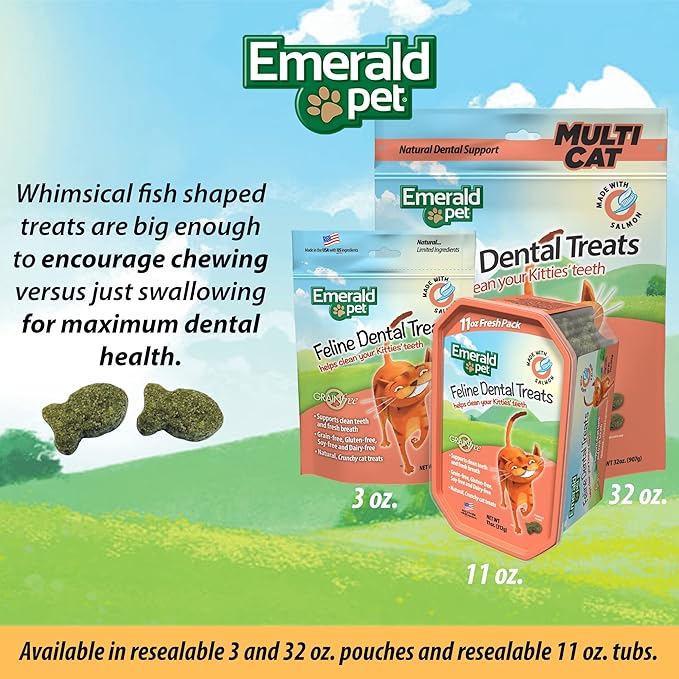 Emerald Pet Grain Free Cat Dental Treats – Crunchy Salmon Cat Treats to Clean Teeth, Reduce Plaque & Tartar, and Freshen Breath – Natural Feline Dental Care, 32 oz