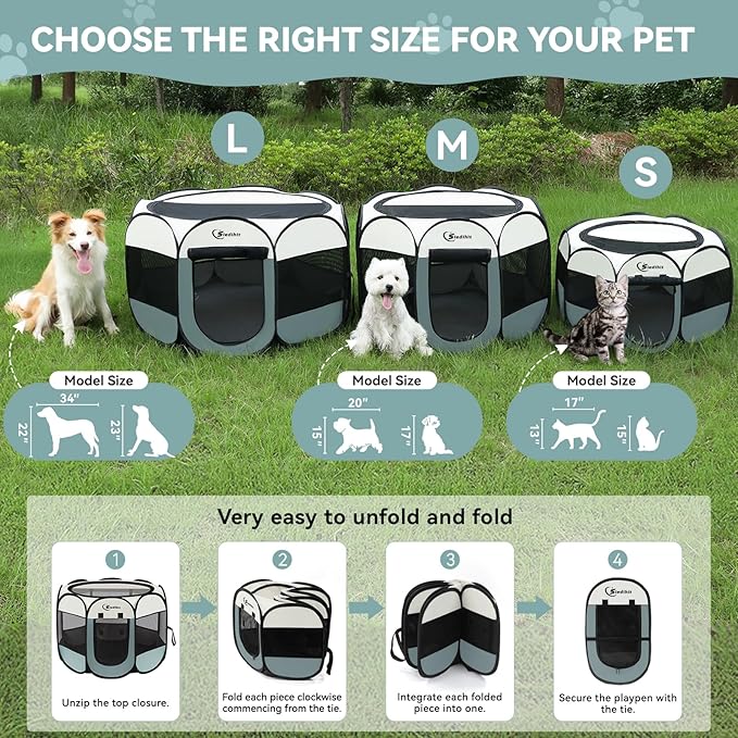 Siedihit Medium Dog Cat Playpen, Puppy Pet Playpen Indoor for Dog Crate Tent Cage Outdoor, Portable Pop Up Dogs Enclosure Kennel with Carrying Case for Dogs/Cats/Rabbits (Grey with Pad, Medium)