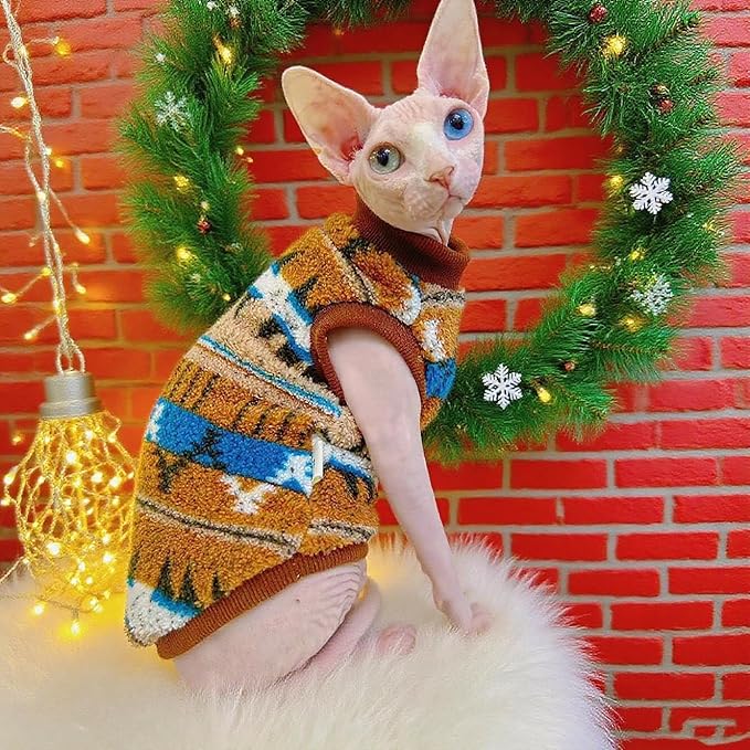 Sphynx Cat Winter Sweater, Warm Soft Fluffy Pet Clothes, for Hairless Cats, Cornish Rex, Devon Rex (Orange, L (5-7 lbs))