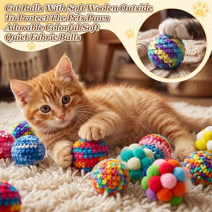 Shappy 16 Pack Cat Toys Balls & Woolen Yarn Cat Ball Toy with Bell Inside, Kitten Toys for Indoor Cats Kitty Fuzzy Cartoon Balls