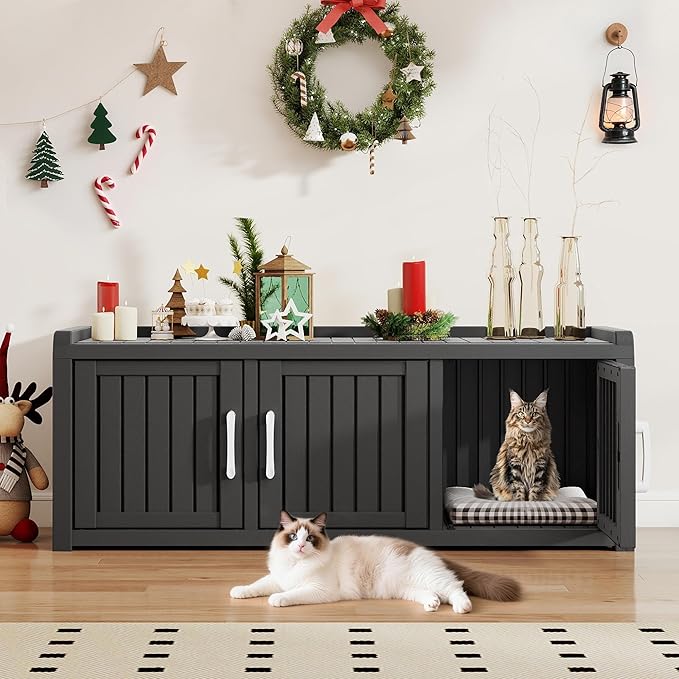 KAMABOKO Hidden Cat Litter Box Enclosure Furniture with 3 Doors & Multiple Windows, Modern Litter Box Cabinet for Large Cats, Waterproof PP Cat Furniture for Living Room