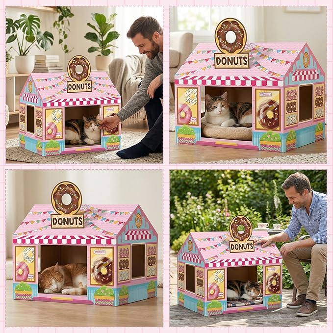 Donut Shop Cardboard Cat House Cat Scratch House with Scratcher Kitten Hideaway Playhouse Bed with Scratching Pads Cardboard Scratch Box for Indoor Outdoor Cats Bunny Small Animals Gift Supplies