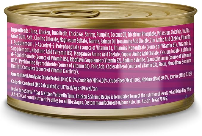 Nulo Wet Cat Food Pate - Yellowfin Tuna & Shrimp, High Protein, Grain-Free, Canned Cat Food, Hydration, Heart, Skin and Coat Support for Indoor & Outdoor Kittens, Adults & Seniors, 2.8oz Cans, 12 Pack