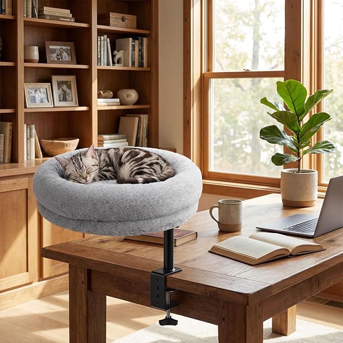 Sunhoo Cat Desk Bed 360° Rotating Height Adjustable Desktop Mount Hammock Kitten Perch Easy Setup Kitty Nest Table Clamp-on Attachment for Indoor Cats Washable 17" Diameter Hold Up to 40lbs(Grey)