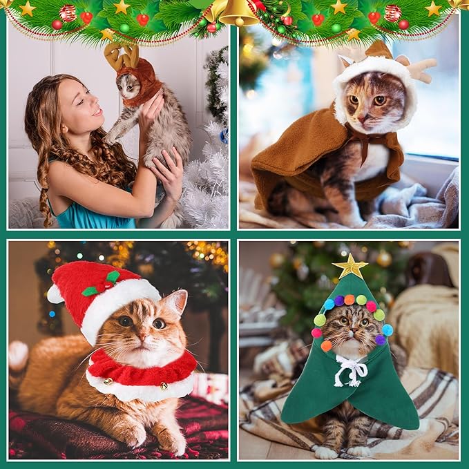 Aliceset 4 Pieces Cat Christmas Outfit with Collar Christmas Pet Costume Adjustable Christmas Cat Costumes Elk Reindeer Christmas Hat Cats Clothes Cute Cat Cape for Christmas Puppy Cat, 4 Designs