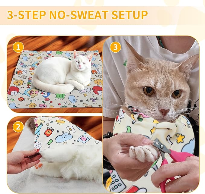 Cat Wrap, Soft and Comfortable Cat Wrap for Cutting Nails, Multifunctional Grooming Wrap for Stress-Free Nail Trimming, Yellow S-17.7inch (Within 5lbs)