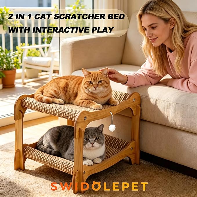 Two Level Sisal Cat Scratcher for Cats, Double Cat Bed with Interactive Hanging Plush Ball, 2 Tier Scratching Post for Indoor Small Medium Cats Kittens