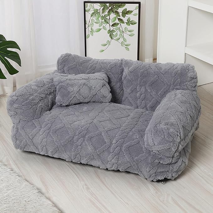 Plush Calming Pet Sofa Bed, Soft Cat Dog Couch with Removable Cover, Large Kennel Cat Sleeping Sofa Chair Furniture, Non-Slip Bottom for Supplies Cats Dogs(Gray,XXX-Large)