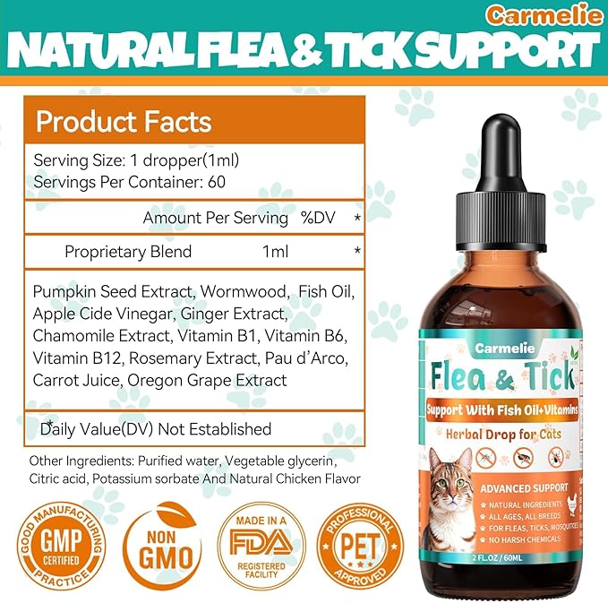 Flea and Tick Prevention for Cats, Natural Cat Flea Liquid Drops, Flea & Tick Supplement with Vitamins & Fish Oil for Cats Healthy Skin & Coat - All Breeds, Kittens to Senior Cat - Chicken Flavor