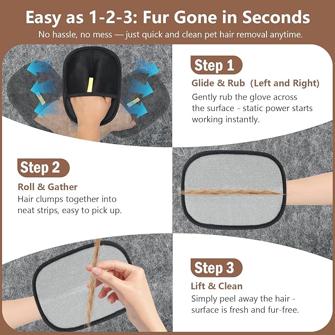 Pet Hair Removal Gloves, 2 Packs Reusable Electrostatic Pet Fur Remover Mitt, Washable Shedding Brush Glove for Dog Cat, Multi Surface Lint & Fur Cleaning Tool for Furniture, Car & Carpet