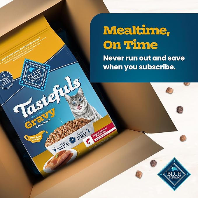 Blue Buffalo Tastefuls Irresistible Gravy Experience Salmon & Brown Rice Recipe Dry Indoor Cat Food for Adult Cats, Deliciously Healthy Natural Cat Food, Supports Digestion & Coat Health, 3 lbs.