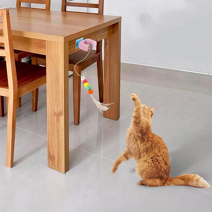Automatic Electric Hanging Cat Toy for Indoor Cats, Motion Sensor Doorway Cat Teaser with Retractable Rope, 3 Replacement Feathers, USB Rechargeable, Pink