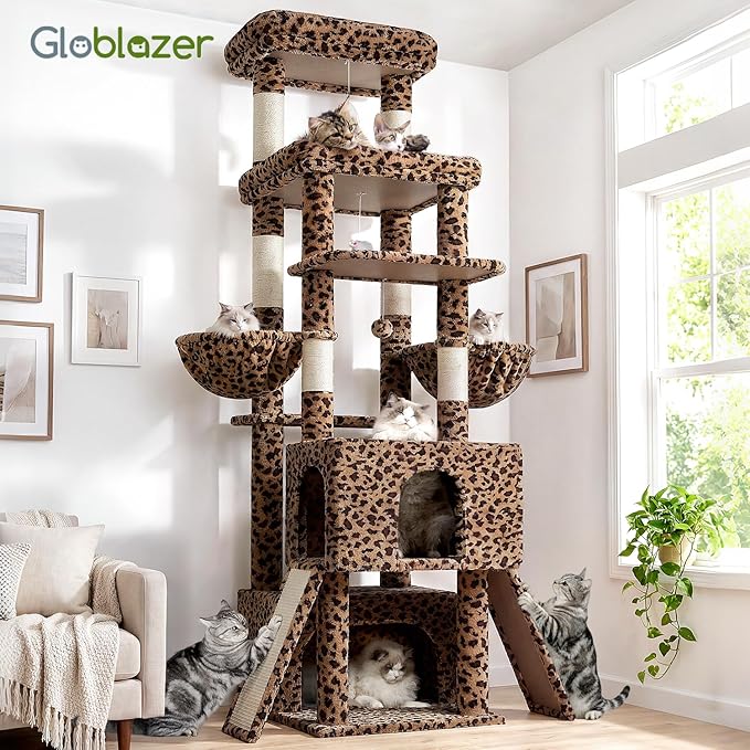 Globlazer Heavy Duty Cat Tree 78 inch Sturdy Cat Tower for 20lbs Large Adult Cats, Symmetrical Aesthetic Big Cat Tree with Extra Large Platform, 2 Scratching Boards, Z78, Leopard Print