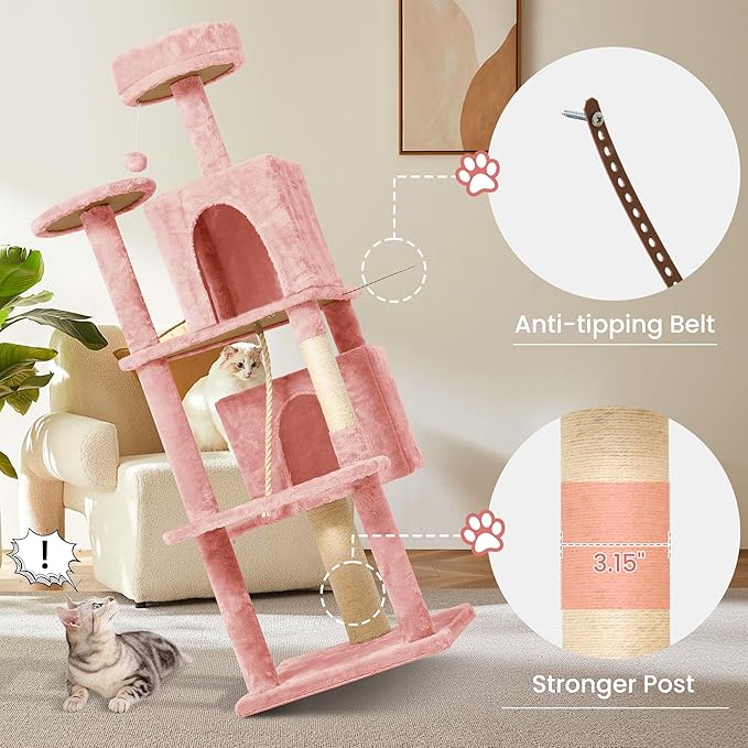 58.5inch Large Cat Tree Tower Condo for Indoor Cats, Soft Plush Multi-Level Climbing Tree Cat House with Cat Cave, Scratching Post, More Entrance/Exit, Sisal Rope, Pink
