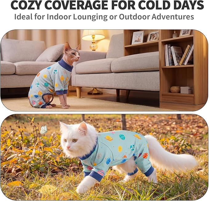 Sticky Hair Cat Clothes, Anti-Shedding Cat Pajamas, Post-Surgery Recovery Onesie, Soft Breathable, Prevents Licking & Scratching Wounds, Warm Cats Sweater, Sphynx Cats Clothing- Blue L