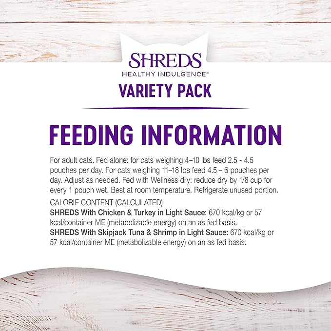 Wellness Healthy Indulgence Shreds Variety Pack Adult Wet Cat Food, Natural, Protein Rich, Grain Free, 2 Flavors, 3 oz, Pack of 8 Pouches
