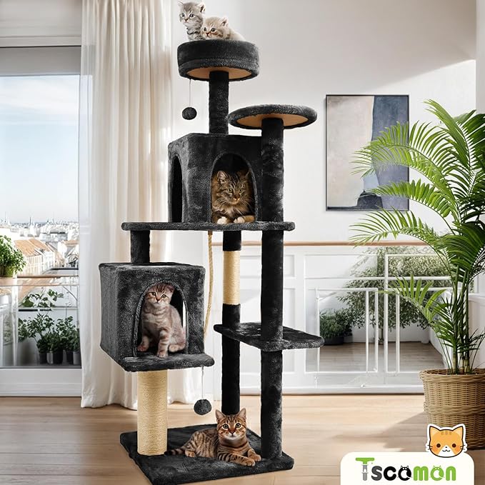 58 Inch Cat Tree Cat Tower for Indoor Cats Tall Cat Condos Scratching Post with Hanging Toy Furniture for Kitten Pets Play, Yellow Beige