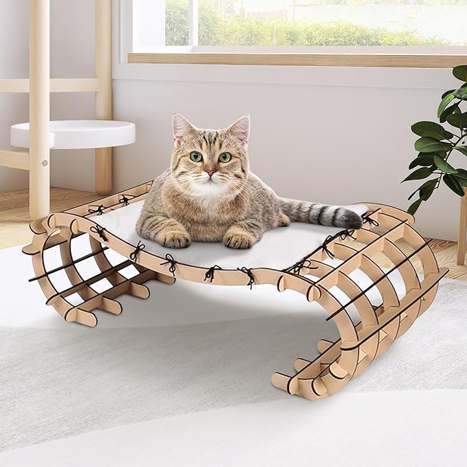 Plush Elevated Cat Bed with Removable Cushion - Solid Wood Arch Frame, Soft Washable Furry Hammock for Indoor Cats, Kittens & Small Dogs - Raised Pet Bed(Cat Furniture, Large/Small Cat Bed)
