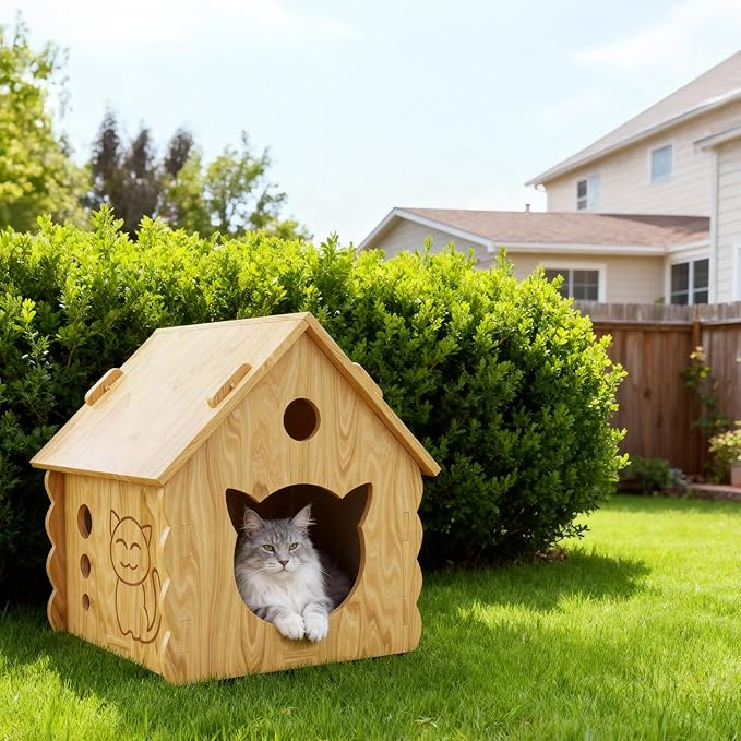 Pinewood Cat House,Habitat for Small Animals,Shelter for Wild Cats,Suitable for Indoor Kittens, Chickens and Dog with Air Vents Warm Cat Cave,Durable, Weather-Resistant, DIY Paintable,Easy to Install