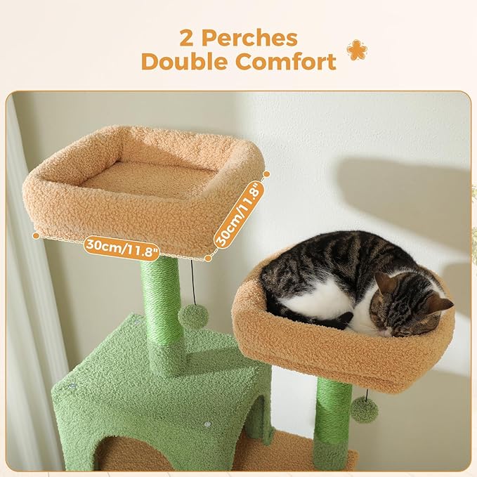 PAWZ Road Large 72 Inches Cat Tree and Tower for Indoor Cats - with Sisal-Covered Scratching Posts, Padded Perches, Condos, and Basket - Green