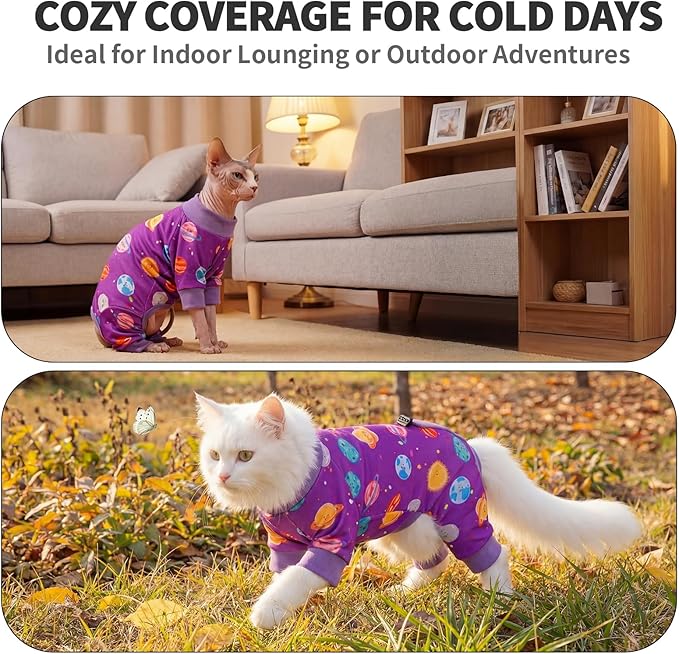 Sticky Hair Cat Clothes, Anti-Shedding Cat Pajamas, Post-Surgery Recovery Onesie, Soft Breathable, Prevents Licking & Scratching Wounds, Warm Cats Sweater, Sphynx Cats Clothing- Purple S