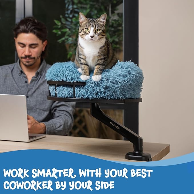 Cat Desk Bed – 360° Rotating Hammock Mount with Strong Clamp | Supports 44 lbs | Reinforced Wood Base, Plush Washable Cushion, Easy Tool-Free Install, Space-Saving Modern Furniture