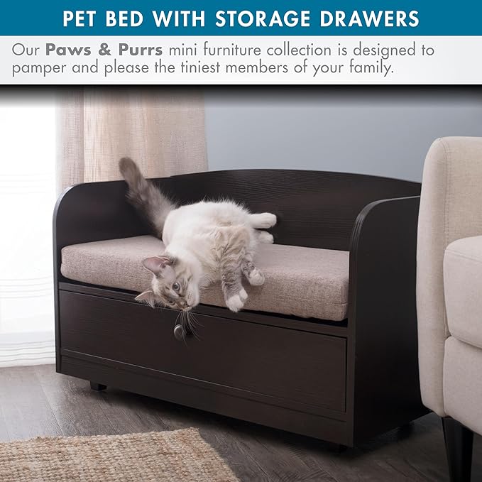 Paws & Purrs Cat Sofa Bed with Storage Drawer, Espresso Finish, 31.5″ x 15.75″ x 19.25″ | 3″ Foam Cushion with Washable Cover | Fits Dogs and Pets up to 50 lb