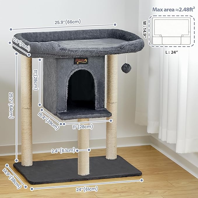 Cat Tree Tower Scratching Post for Indoor Large Cats, Small Cat Tree with Big Perch Bed, 28in Tall Trees House with Condo Cave, Toy Balls, Modern Climbing Furniture Platform for Kitten (Dark Gray)