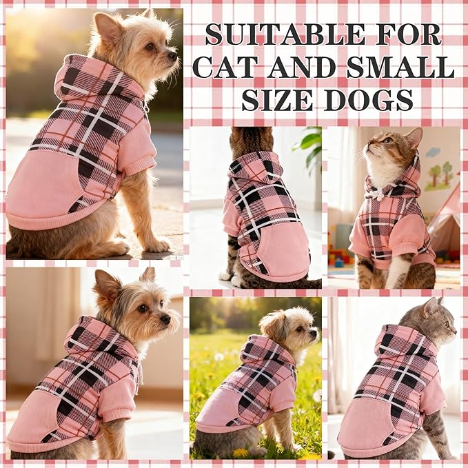 EXPAWLORER Plaid Cat Hoodie - British Style Warm Cat Sweater Shirt with Leash Hole,Pet Clothes Outfits,Winter Coat Apparel for Puppy Cats Girl Boy-Kitten Apparel,Pink L
