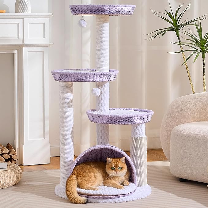 HITTITE Modern Cat Tree Tower with Scratching Post, 46 Inches Tall Cat Towers with Woven Cat Nests and Cave, Multi-Level Cat Tree With Removable Cushions and Massage Brush for Indoor Cats Large Adult.