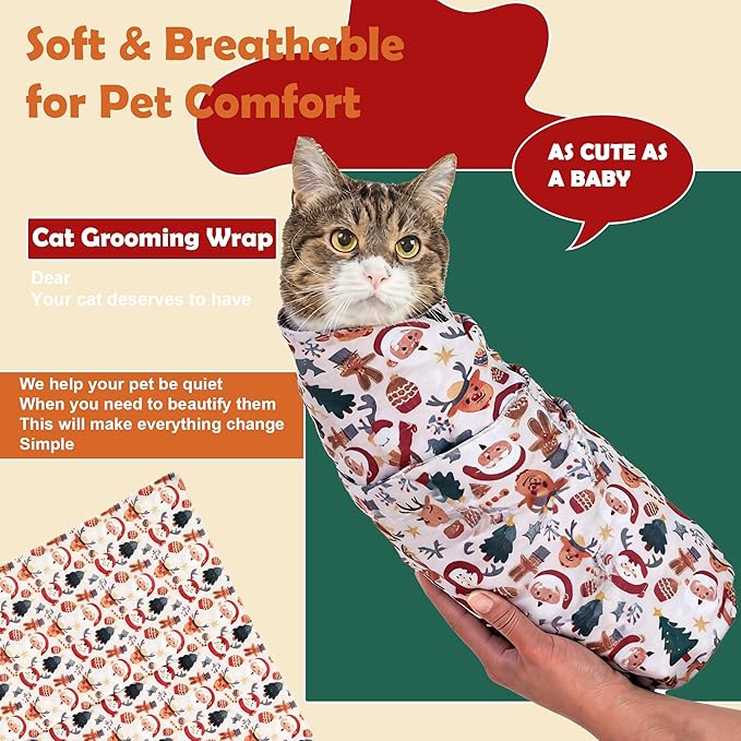 27.5" Large cat Grooming wrap,cat wrap for Grooming,pet Restraint for Nail Clipping,cat Bag for Nail Trimming,cat Burrito wrap (Festival Print 5-11 lbs)