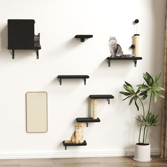 Cat Wall Shelves for Large Cats, Stable & Safe Kitty Walls Furniture Set for 40LBS Cats with Wooden Cat Climber,House, Bridge, Tree, Steps, and Scratcher for 16 Inch Drywall (Black, 6-in-1)