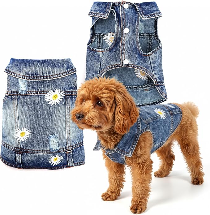 Dog Denim Jacket with Embroidered Daisy, Ripped Vintage Jean Vest for Small Dogs, Pugs, Chihuahuas, Spring Summer Fall Festival Outfit, Large (Fits Chest 15-16")