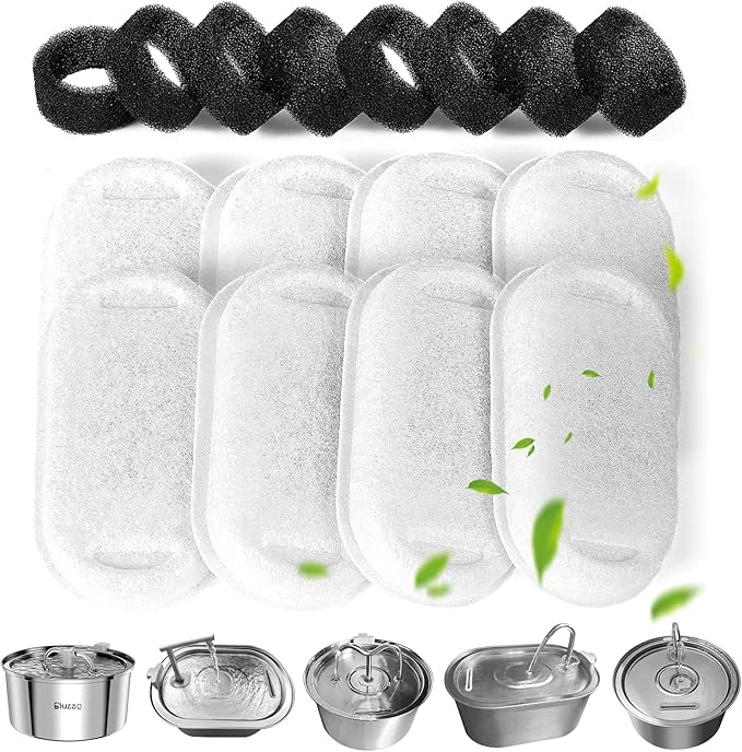 Cat Water Fountain Filters, 8PCS Carbon Filters & 8PCS Pre-Filter Sponges, Pet Water Fountain Filters for 3.2L/108oz Stainless Steel Cat Water Fountain Dog Water Fountain