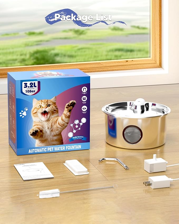 Stainless Steel Cat Water Fountain: Tomxcute 3.2L/108oz Cat Fountain for Drinking, Pet Water Fountain for Cats Inside with Multi-Filter-Water Level Window