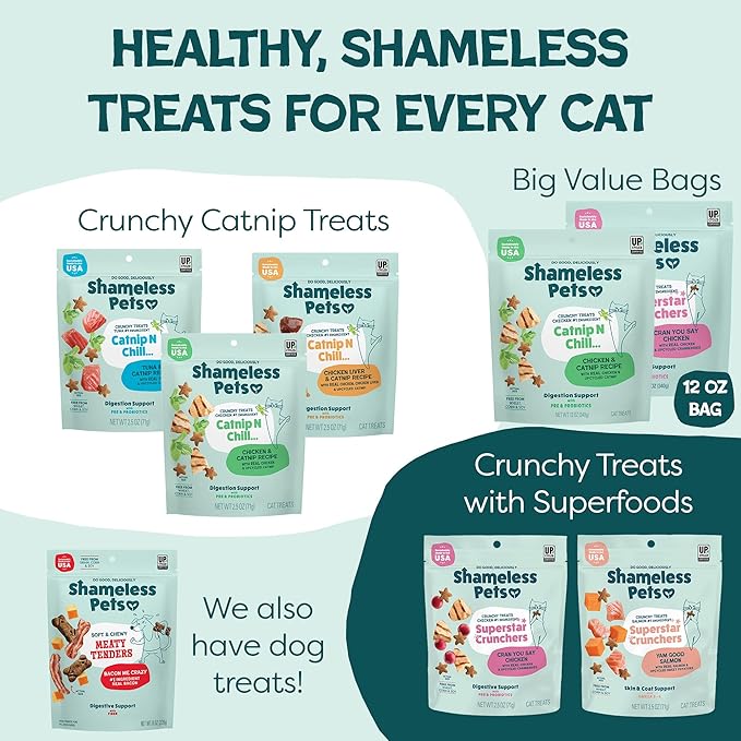 Shameless Pets Crunchy Cat Snacks & Treats – Healthy Cat Treats for Indoor Cats & Kittens with Catnip, Real Chicken & Digestive Support, Catnip N Chill (12 oz)