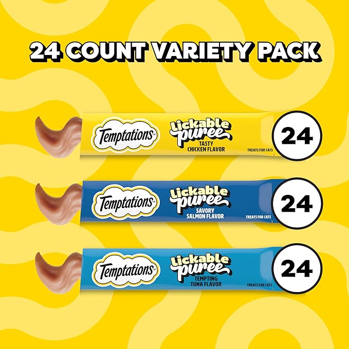 Temptations Creamy Puree Squeezable Lickable Cat Treats, Wet Cat Treats with Chicken, Salmon, and Tuna Variety Pack, 0.42 oz. Tubes, 24 Count, Pack of 3 (72 Total)