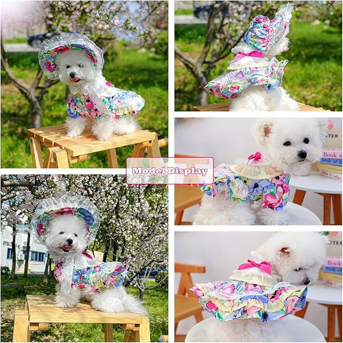 2 Pcs Pet Floral Dress and Lace Sunhat, Summer Skirt with Laces for Dog, Cute Bowknot Dresses for Cat, for Birthday Party and Outdoor Travel (Colorful, X-Small)