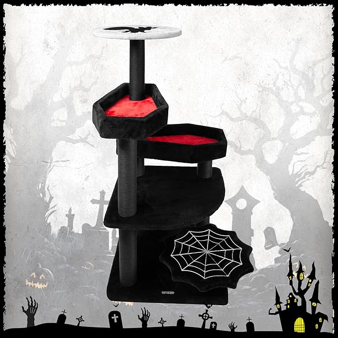 KAMABOKO Gothic Cat Tree with Coffin Bed, 46.9” Black Cat Tower for Indoor Cats with Scratching Posts, Halloween Cat Tree Tower for Large Cats, Black and Red