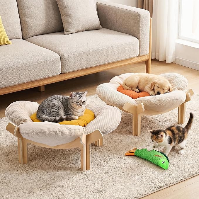 Elevated Flower Cat Bed with Thickened Soft Cushions, Aesthetic Raised Cat Chair for Indoor Cats, Wooden Cats Furniture with Toy, 39lbs Capacity (Beige Petal & Yellow Center)